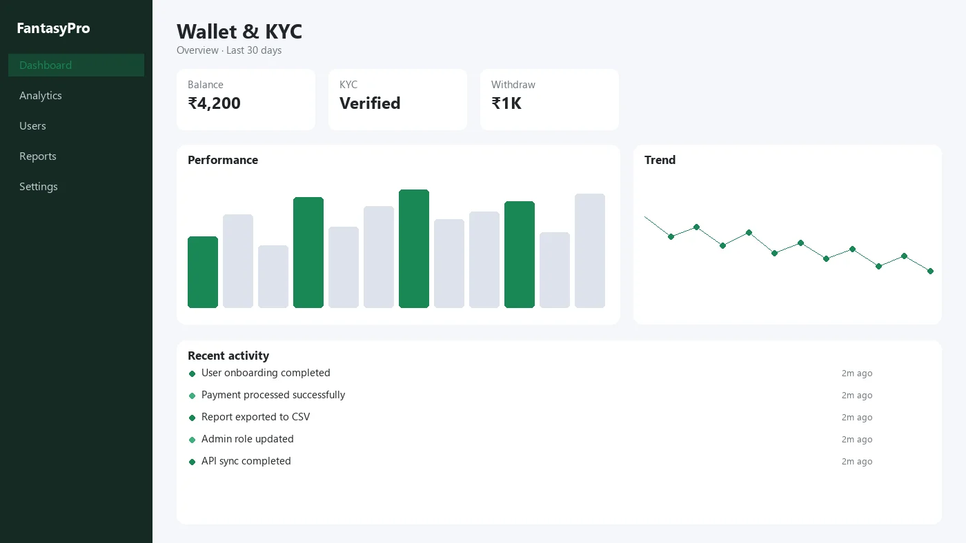 Fantasy wallet and KYC screen with balance, verification status, and withdrawals