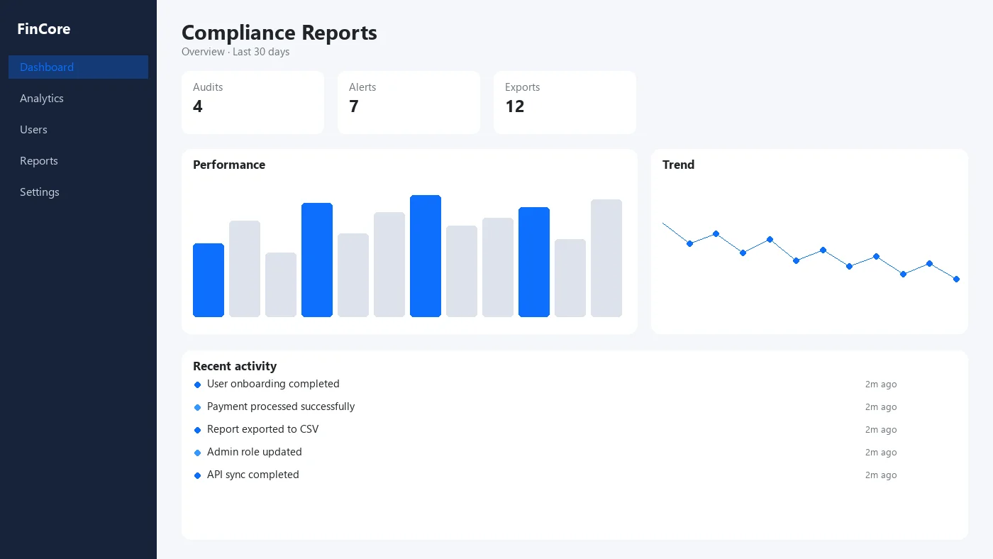 Fintech compliance reporting dashboard with audits, alerts, and regulatory exports